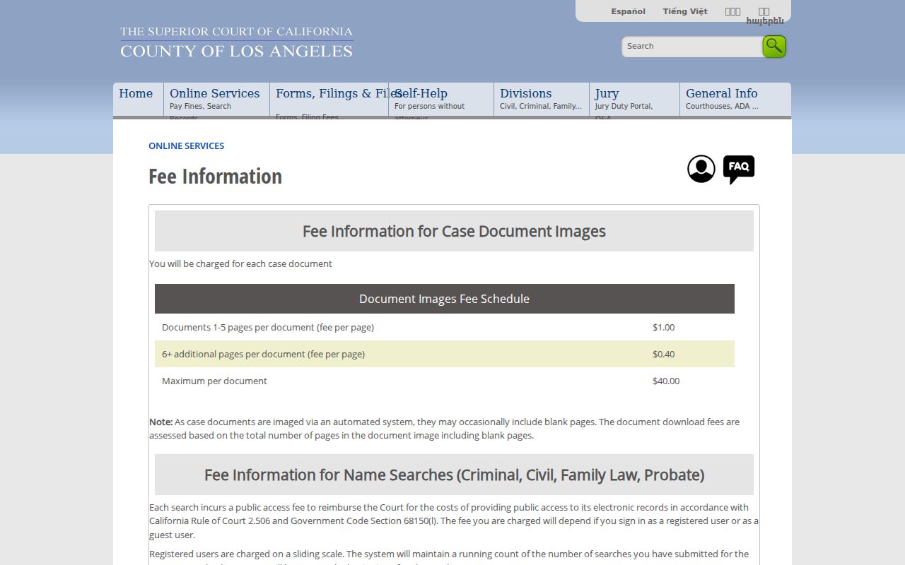 Claremont resident lookup Los Angeles Court search and record fees
